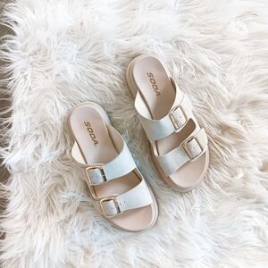 Gliks Soda Brand Uberta Beige Cream Platform Double Buckle Strap Slide Sandals